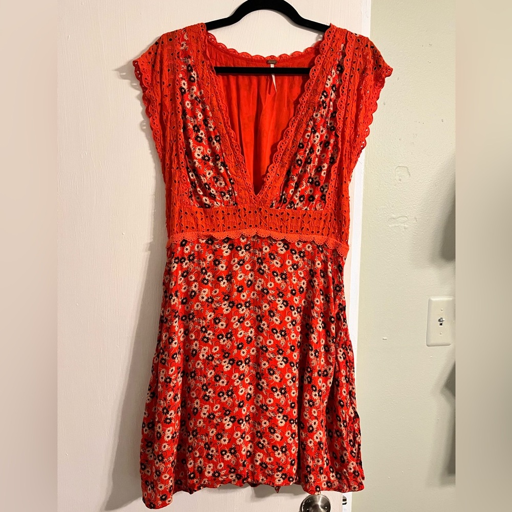 Free People Red Orange Floral Lace Dress